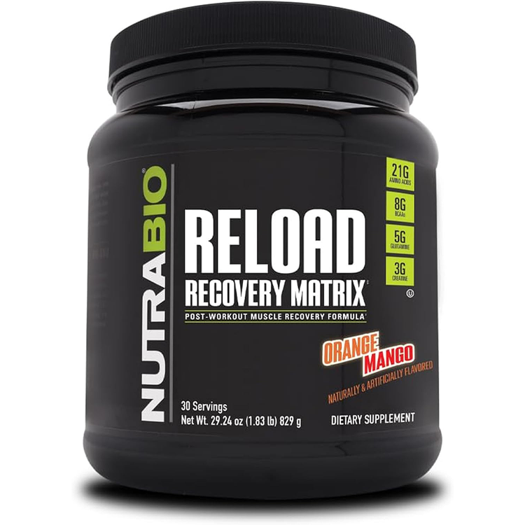 NutraBio Reload - Powerful Muscular Recovery Formula - Post-Workout Supplement - 3G Creatine - 8G BCAAs - 5G Glutamine - 30 Servings, Orange Mango